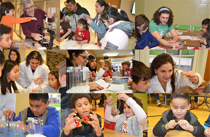 Cena y Ciencias students and families engaging with University of Illinois students during STEM activities